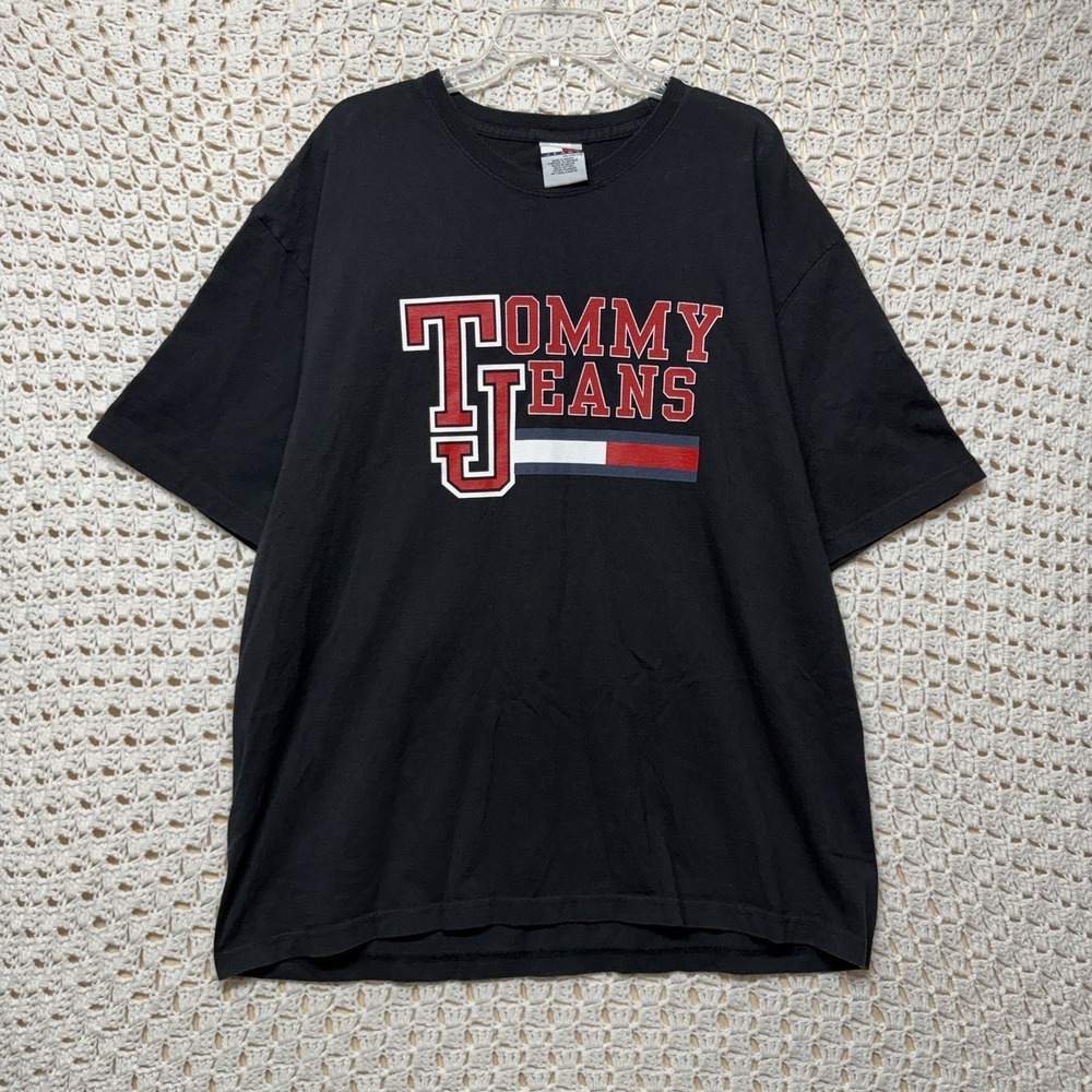 VTG Tommy Jeans T-Shirt Mens 2XL Black Big TJ Logo Flag Stripe 100% Cotton